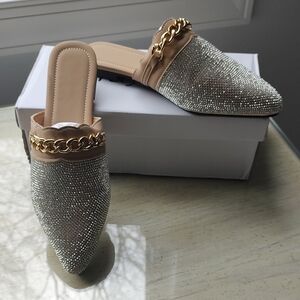 Rhinestone Pointed Toe Slip-On Mules in Beige
